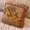 Antique French Square Feather Down Pillow Pillows Embroidery Off Pink Red Green Child Basket Couch Bed Chair or Sofa circa 1910-20's