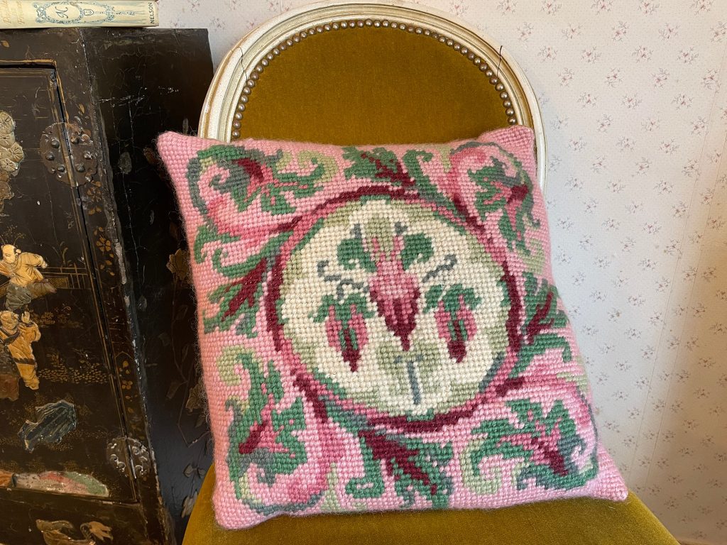 Antique French Cross Stitch Velvet Backed Pillow Pillows Thistle Pink Purple Green Couch Bed Chair or Sofa circa 1920’s