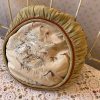 Antique French Round Circular Feather Down Pillow Pillows Off White Grey Lilac Birds Cranes Couch Bed Chair or Sofa circa 1910-20's