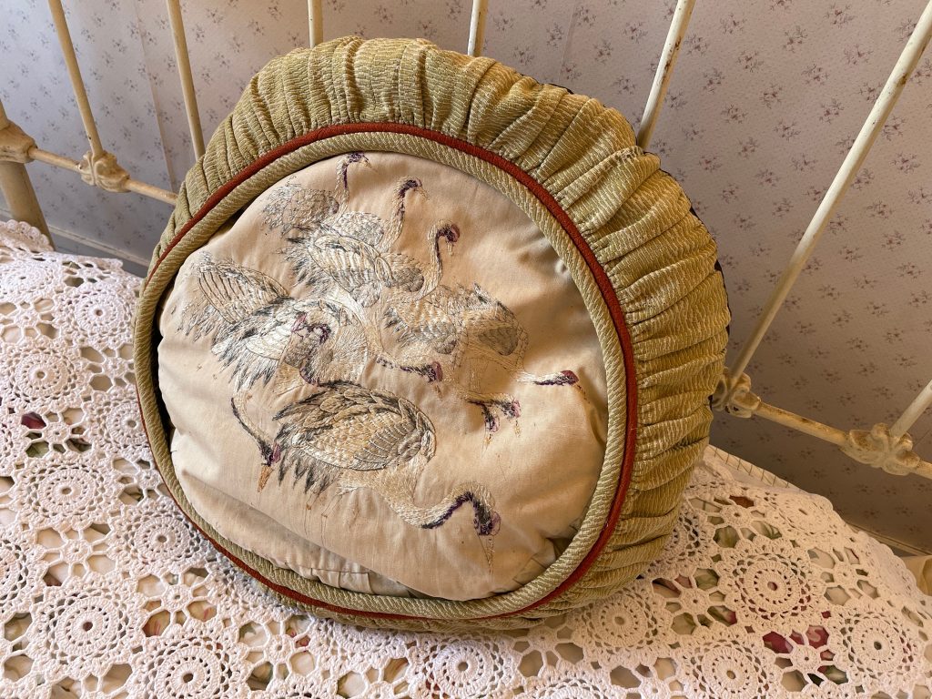 Antique French Round Circular Feather Down Pillow Pillows Off White Grey Lilac Birds Cranes Couch Bed Chair or Sofa circa 1910-20’s