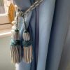 Vintage French Tassels Blue Off White Curtain Pullbacks Embrasse Rideaux Classic Curtain Tassel Tie Rope Ribbons 1950's