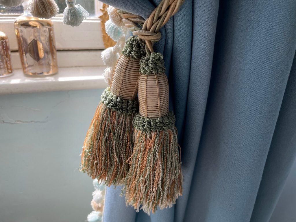 Vintage French Tassels Sage and Champagne Curtain Pullbacks Embrasse Rideaux Classic Curtain Tassel Tie Rope Ribbons 1970’s