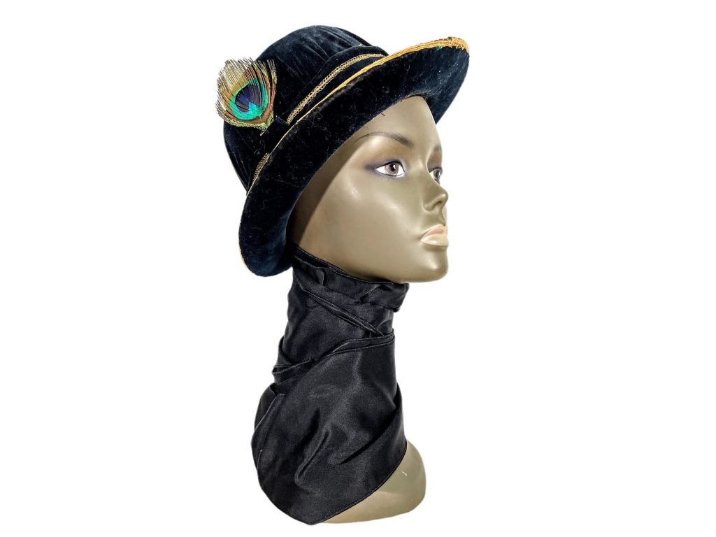 Vintage French Black Velvet Gold Trim Peacock Feather Small Bowler Hat Theatre Unfinished Prop 1940-50’s