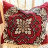 Vintage French Red Glass Pearl Embroidered Feather Down Fancy Cross Stitched Pillow Pillows Bed Chair Sofa Red White circa 1950-60's