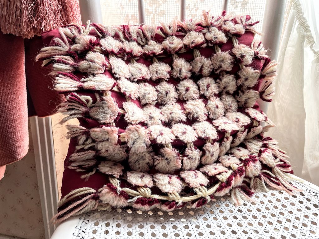 Vintage Red Fancy Embellished Square Pillow Tasselled Tassels Quilted Square Cotton Cases Pillowcases Pillows Chair Sofa circa 1980’s