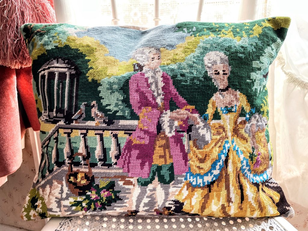Vintage French Cross Stitch Lovers Fancy Rectangular Pillow  Cotton Cases Pillowcases Pillows Chair Sofa circa 1980’s