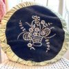Vintage French Green Brown Ruffled Silk Velvet Basket Embroidered Round Pillow Pillows Bed Chair Sofa circa 1920-30's