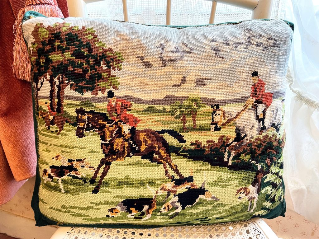 Vintage French Cross Stitch Fox Hunt Hunting Fancy Rectangular Pillow Cotton Cases Pillowcases Pillows Chair Sofa circa 1960-70’s