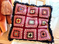 Vintage French Pink Red Crochet Square Pillow Cotton Cases Pillowcases Pillows Chair Sofa circa 1980's