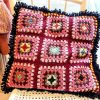 Vintage French Pink Red Crochet Square Pillow Cotton Cases Pillowcases Pillows Chair Sofa circa 1980's