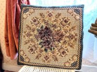 Vintage French Tapestry Blue Pink Flowers Roses Square Heavy Pillow Pillows Bed Chair Sofa circa 1970-80's