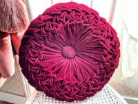 Vintage French Red Fancy Velvet Draped Round Pillow Pillows Bed Chair Sofa circa 1970-80's