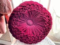Vintage French Red Fancy Velvet Draped Round Pillow Pillows Bed Chair Sofa circa 1970-80's
