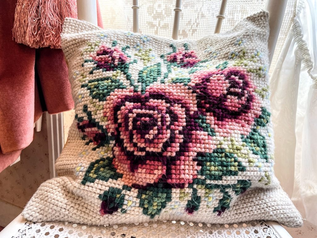 Vintage French Cream Cross Stitch Flowers Roses Square Pillow Cotton Cases Pillowcases Pillows Chair Sofa circa 1980’s