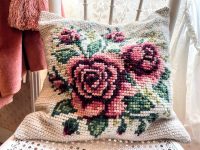Vintage French Cream Cross Stitch Flowers Roses Square Pillow Cotton Cases Pillowcases Pillows Chair Sofa circa 1980's