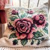 Vintage French Cream Cross Stitch Flowers Roses Square Pillow Cotton Cases Pillowcases Pillows Chair Sofa circa 1980's