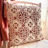 Vintage French Pink Velvet Square Beige Crochet Lace Flower Pillow Pillows Cushion Bed Chair Sofa circa 1990s