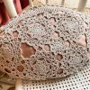 Vintage French Pale Pink Oval Beige Crochet Lace Flower Pillow Pillows Cushion Bed Chair Sofa circa 1980s