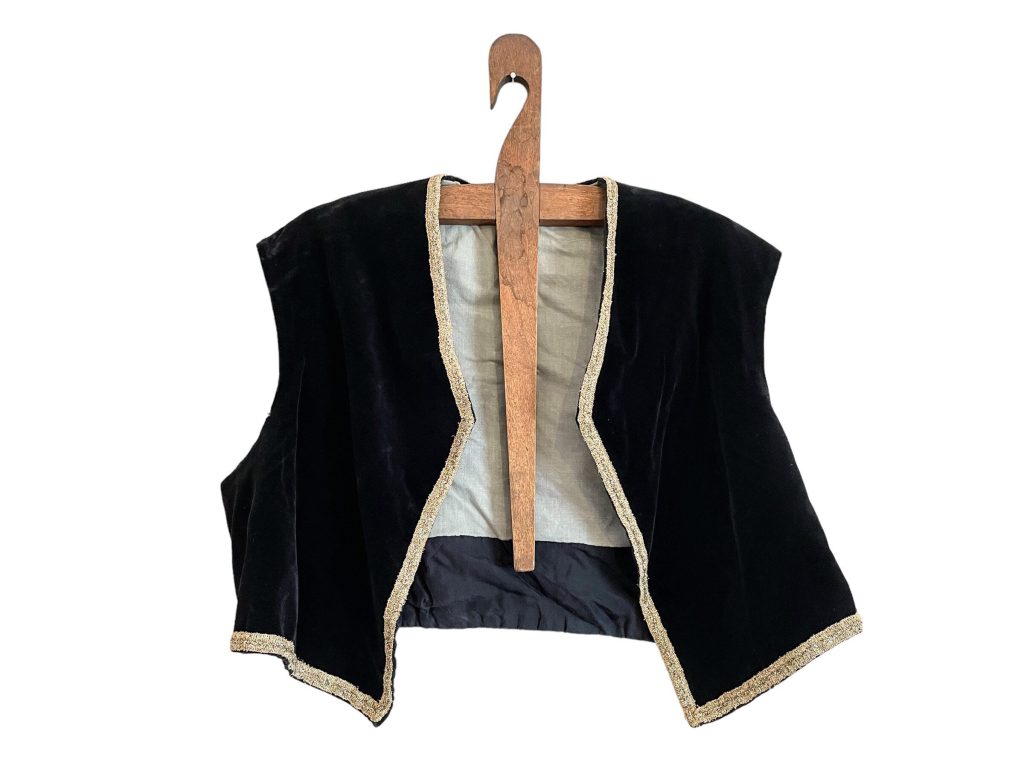 Antique French Black Velvet Theatre Costume Waistcoat Vest Sleeveless Cotton Velvet Gold Trim Fabric Decor Prop France circa 1920s