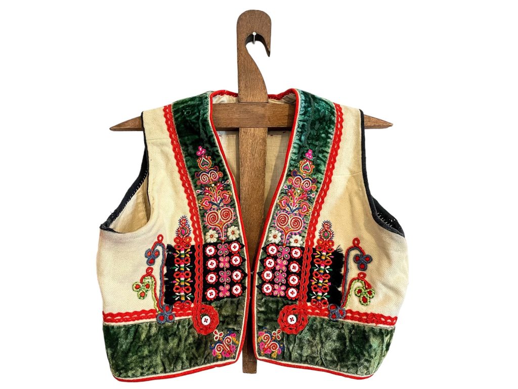 Vintage Hungarian Eastern European Traditional Costume Embroidered Wool Waistcoat Vest Sleeveless Fabric Decor Prop France circa 1960s