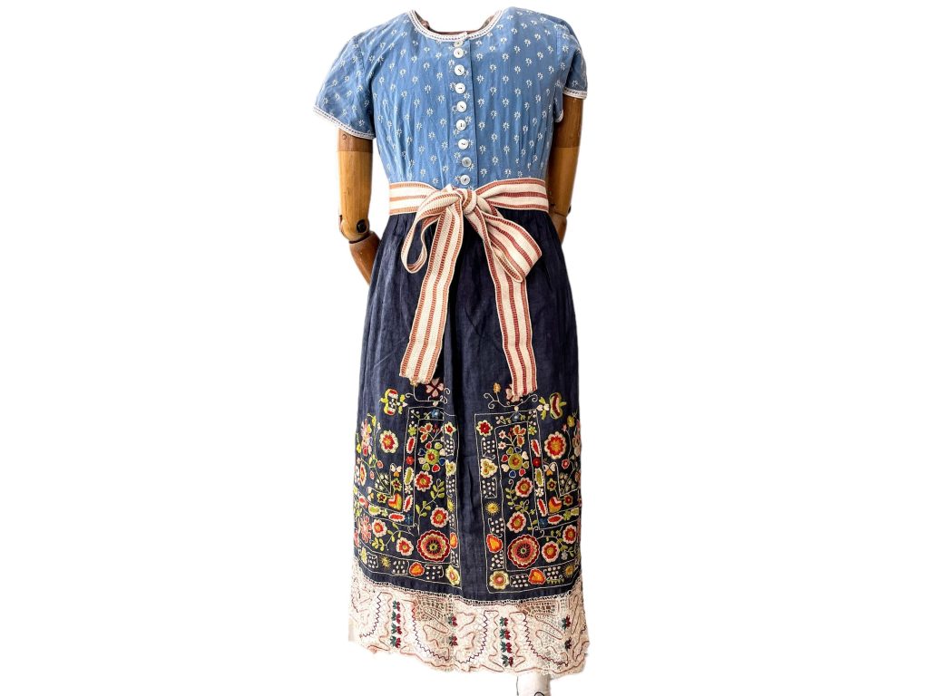 Vintage Hungarian Eastern European Blue Embroidered Folk Costume Peasant Lace Trim Large Ribbon Apron Decor Prop France circa 1960s