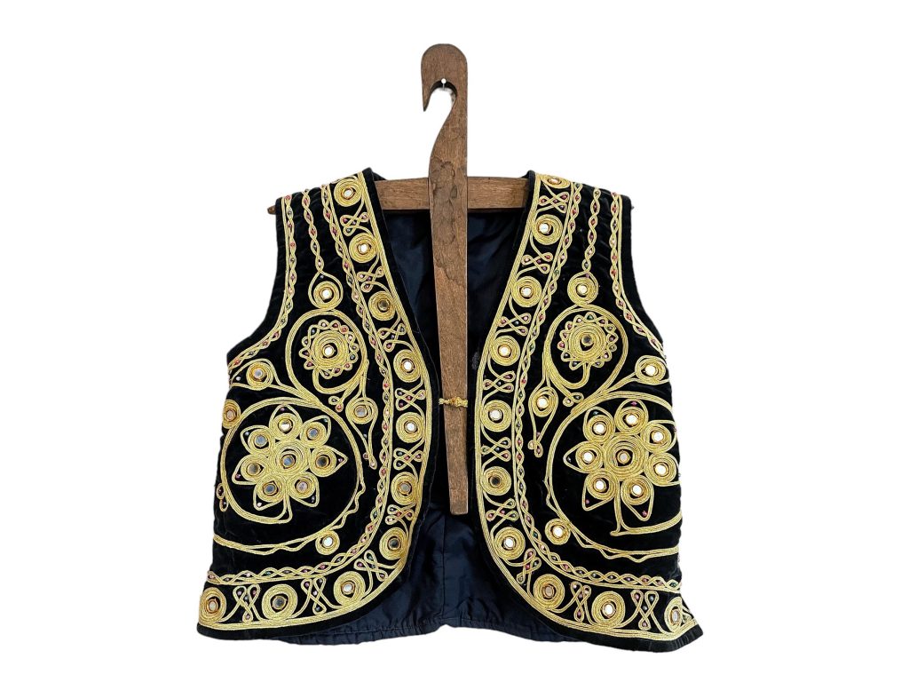 Vintage Turkish Black Velvet Costume Waistcoat Vest Sleeveless Gold Trim Glass Bead Mirror Fabric Prop France circa 1980s