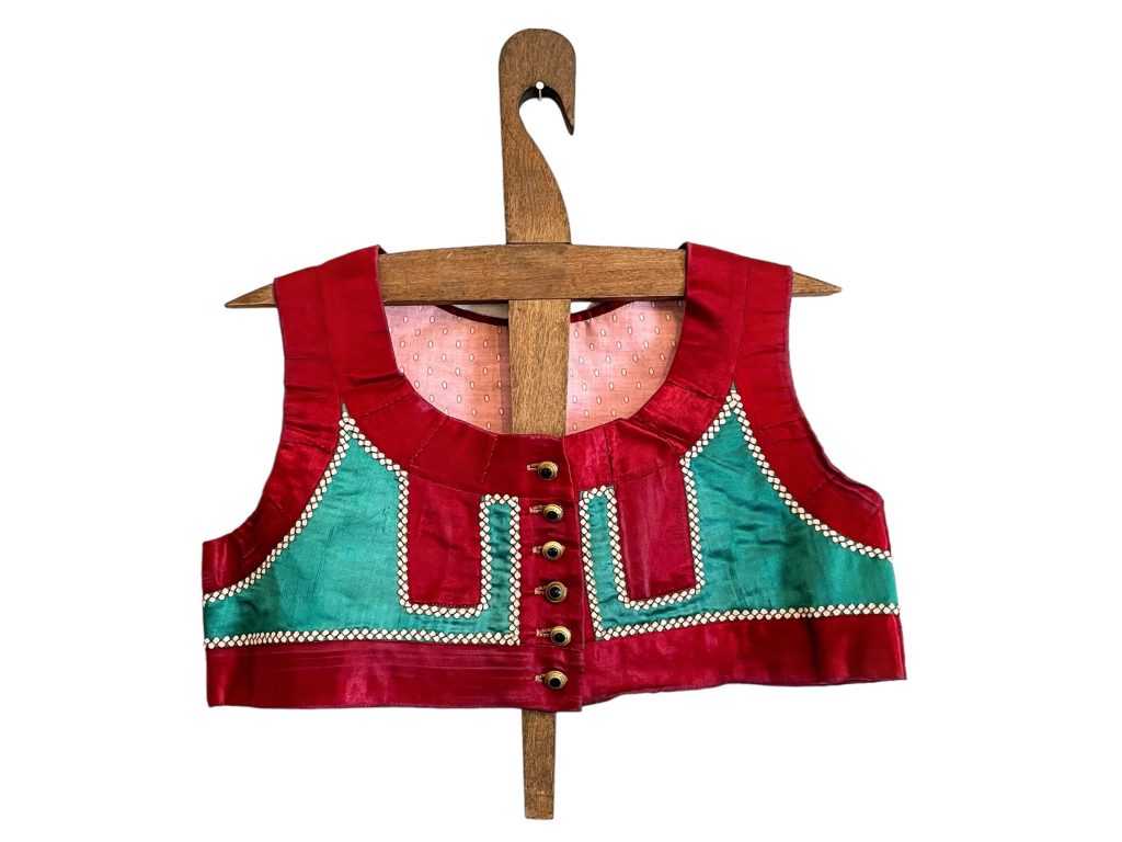 Vintage Hungarian Eastern European  Traditional Red Green Costume Embroidered Silk Waistcoat Vest Sleeveless Prop France circa 1960s