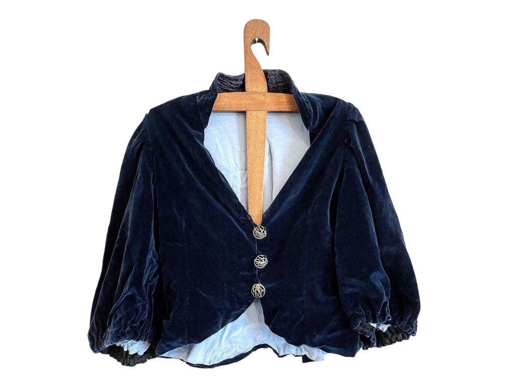 Antique French Blue Velvet Theatre Costume Balloon Sleeve Jacket Bolero Dragon Button Fabric Decor Prop France circa 1920s