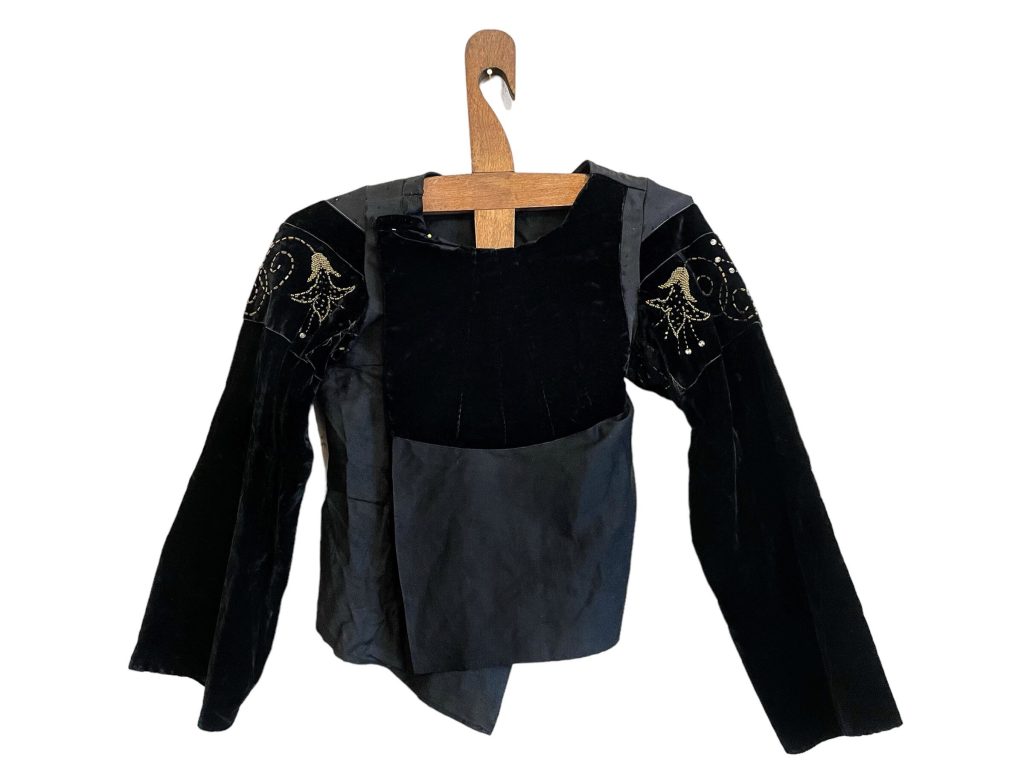 Antique French Black Silk Velvet Champagne Colored Glass Bead Embroidered Theatre Costume Jacket Top  Decor Prop France circa 1920s
