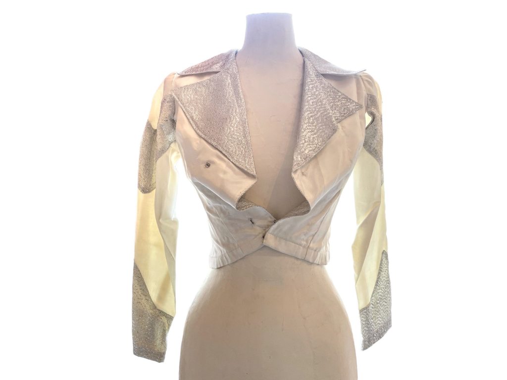 Vintage French Silver Lame White XXS Extra Extra Small Vest Jacket Theatre Costume Poly Fabric Snap Closing Prop France circa 1970s