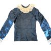 Vintage French Blue Satin XXS Extra Extra Small Eye and Hook Lace Peter Pan Collar Top Theatre Costume Poly France circa 1970s