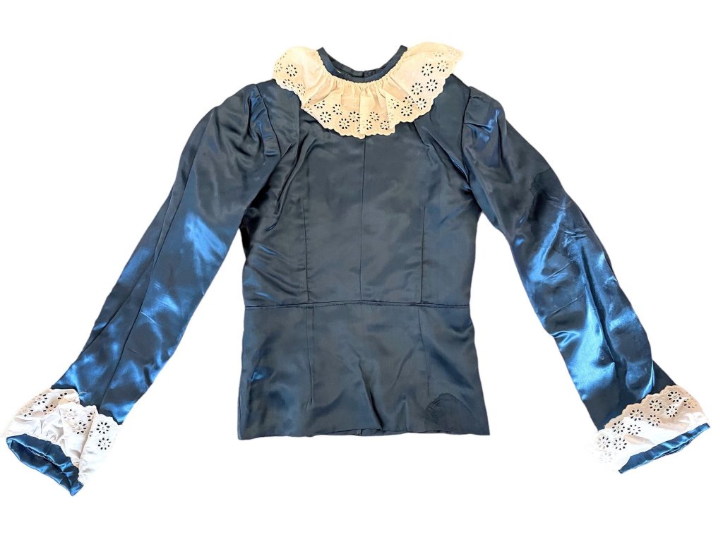 Vintage French Blue Satin XXS Extra Extra Small Eye and Hook Lace Peter Pan Collar Top Theatre Costume Poly France circa 1970s