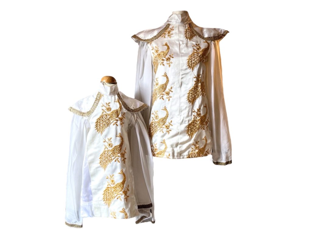 Vintage French White Satin Gold Peacock Embroidered Set of 2 Tops Child and Aduld Top Theatre Costume Poly France circa 1970s