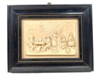 Vintage French Sepiolite Meerschaum Wood Framed Evening Pub Bar Gathering Framed Carving Art c1970's