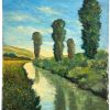 Vintage French River Countryside Scenery "Flow" Acrylic Painting On Wood Board Wall Decor Decoration c1950-60's