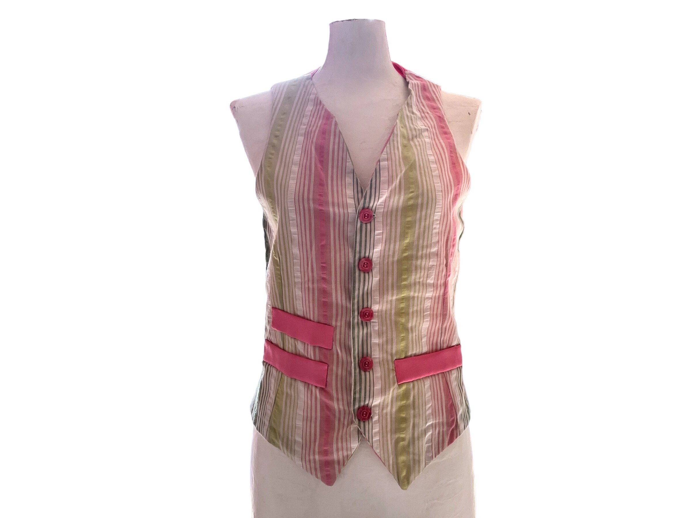 Vintage French Pink Seasucker XS Extra Small Vest Theatre Costume Waistcoat Vest Sleeveless Cotton Fabric Prop France circa 1970s Vintage French Pink Seasucker XS Extra Small Vest Theatre Costume Waistcoat Vest Sleeveless Cotton Fabric Prop France circa 1970s