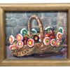Vintage French Flowers In Basket Acrylic Daisy Painting On Board With Gold Wooden Frame Portrait Signed c1970-80's