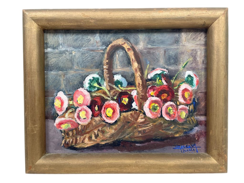 Vintage French Flowers In Basket Acrylic Daisy Painting On Board With Gold Wooden Frame Portrait Signed c1970-80's