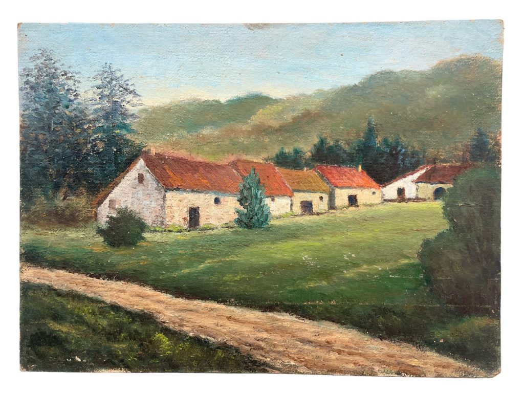 Vintage French Longere Farm House Barns House Countryside Acrylic Painting On Hardboard Wall Decor circa 1950-60’s