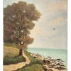 Vintage French Seaside Scenery "Old Rocks" Acrylic Painting On Wood Board Wall Decor Decoration c1950-60's