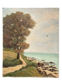 Vintage French Seaside Scenery “Old Rocks” Acrylic Painting On Wood Board Wall Decor Decoration c1950-60’s