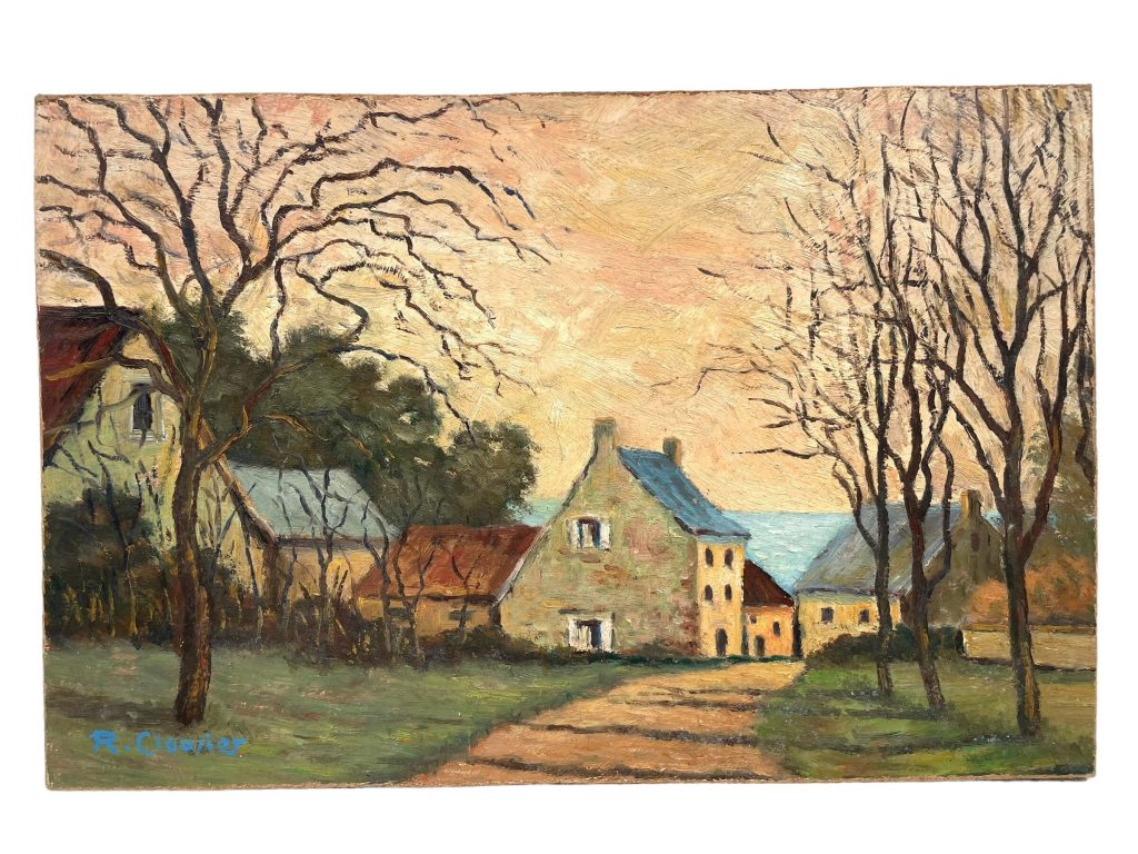 Vintage French Seaside Scenery “The Village” Acrylic Painting On Wood Board Wall Decor Decoration c1950-60’s