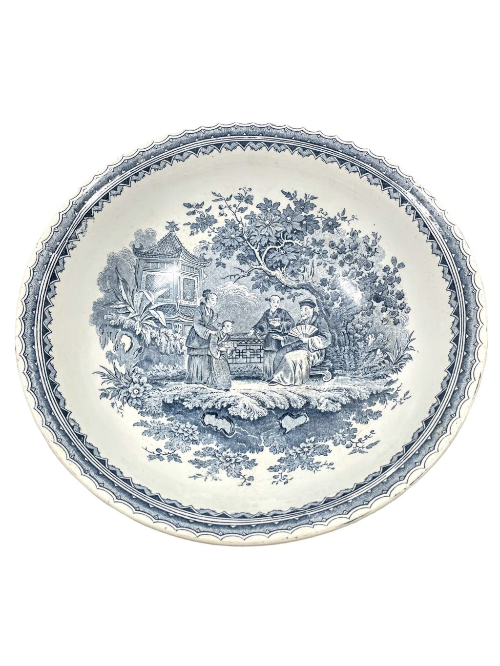 Antique French Chinese Inspired Large Bowl Dish Plate White Blue Serving Table Decoration c1900's