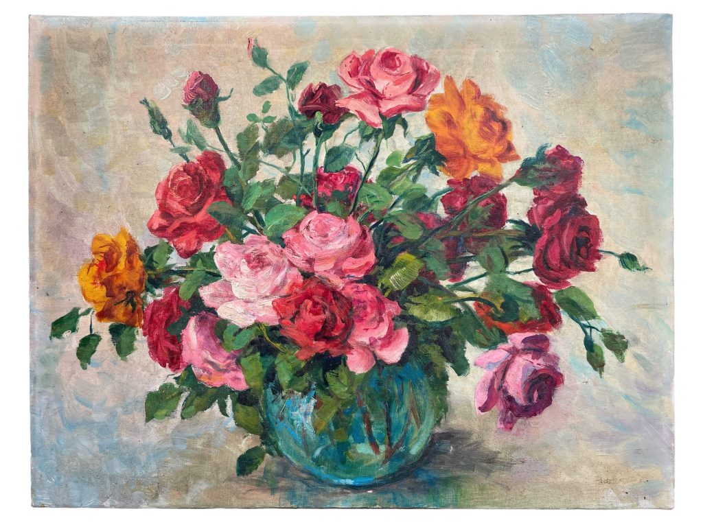 Vintage French Still Life Flowers Rose Red Pink Orange Study Oil Painting On Canvas Unsigned circa 1950-60’s