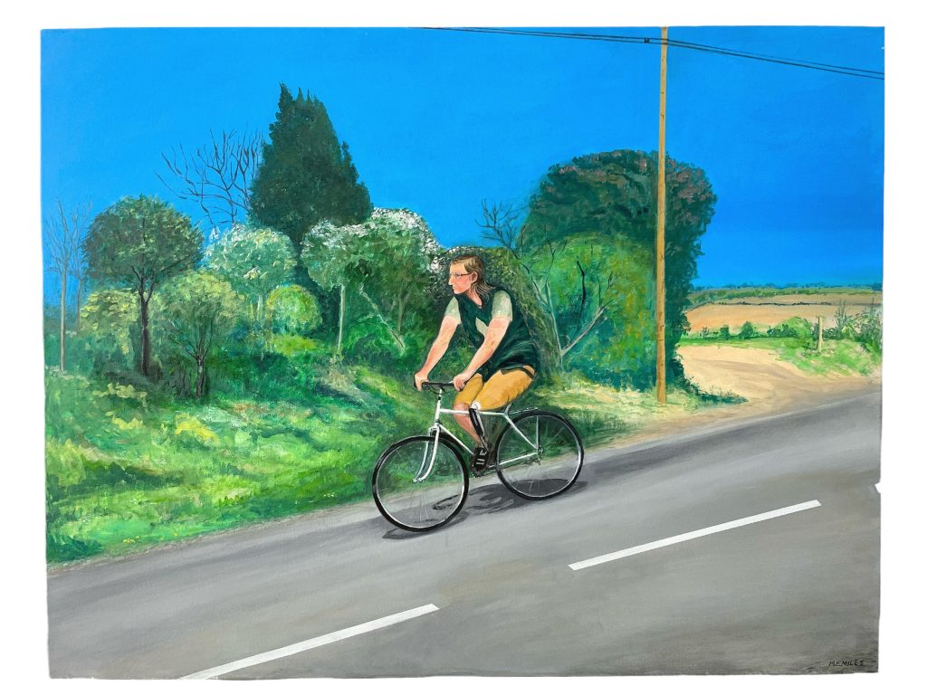 Man with Metal False Leg Riding His Bike in Normandy painting signed by M E Miles British Artist Acrylic Painting On Canvas
