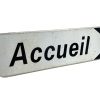 Vintage French Accueil Reception Welcome Entrance Sign White Blue Metal Aluminium Path Roadsign Road Sign c1990's