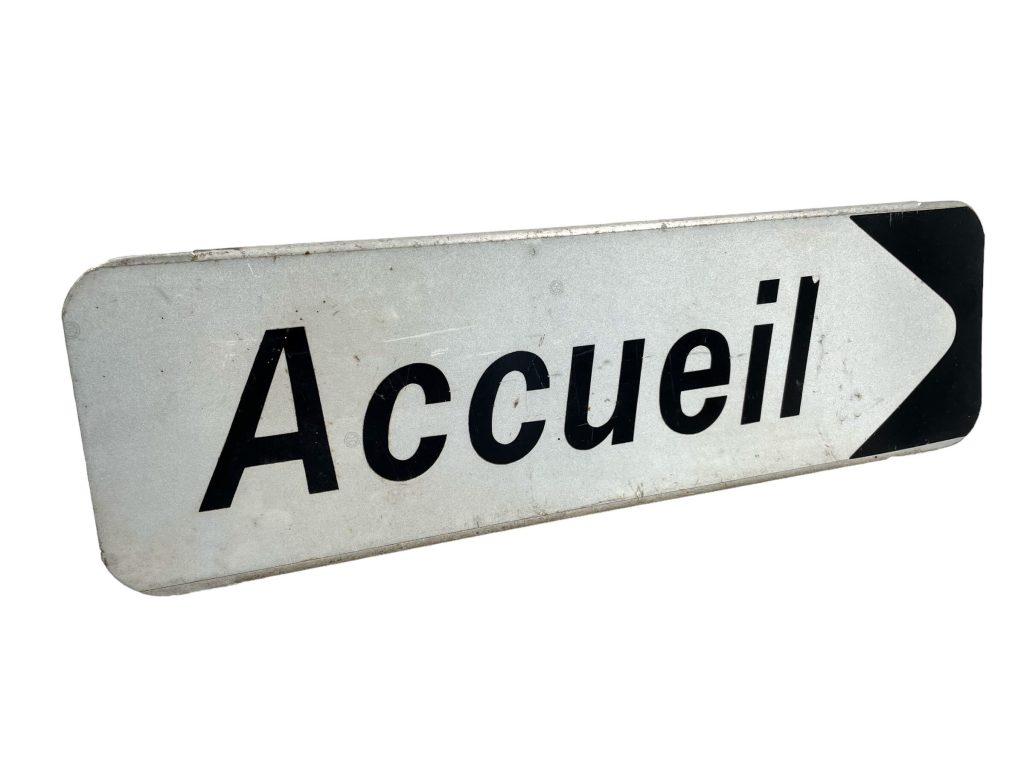 Vintage French Accueil Reception Welcome Entrance Sign White Blue Metal Aluminium Path Roadsign Road Sign c1990’s
