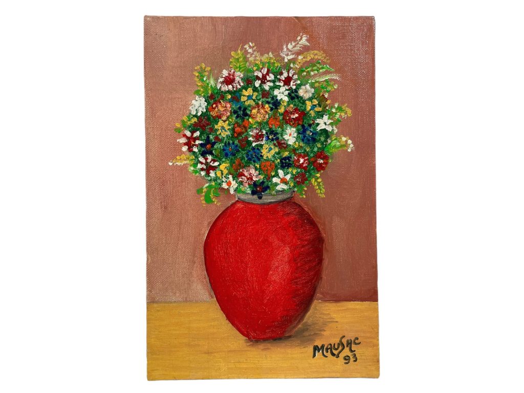 Vintage French “Red Vase” Small Acrylic Painting On Board Wall Decor Decoration Signed Mausac c1990s