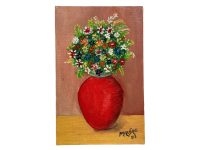 Vintage French "Red Vase" Small Acrylic Painting On Board Wall Decor Decoration Signed Mausac c1990s