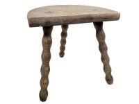 Vintage French Wooden Bobbin Leg Milking Stool Chair Seat Table Farm D Shaped Seat Plant Rest Stand Plinth Tabouret c1960's